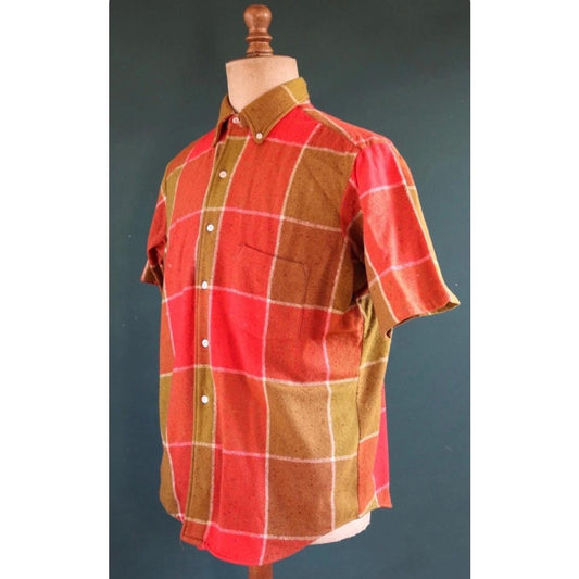 Vintage 1970s short sleeve shirt - Kennington California - windowpane check - button down collar - mustard and red - 47" chest