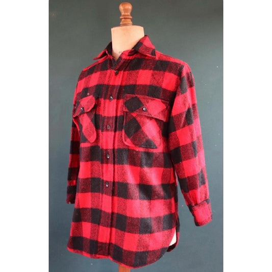 Vintage 1960s 70s wool workwear shirt - red black buffalo plaid - 5 Brothers - 42” chest - hunting camping - logger