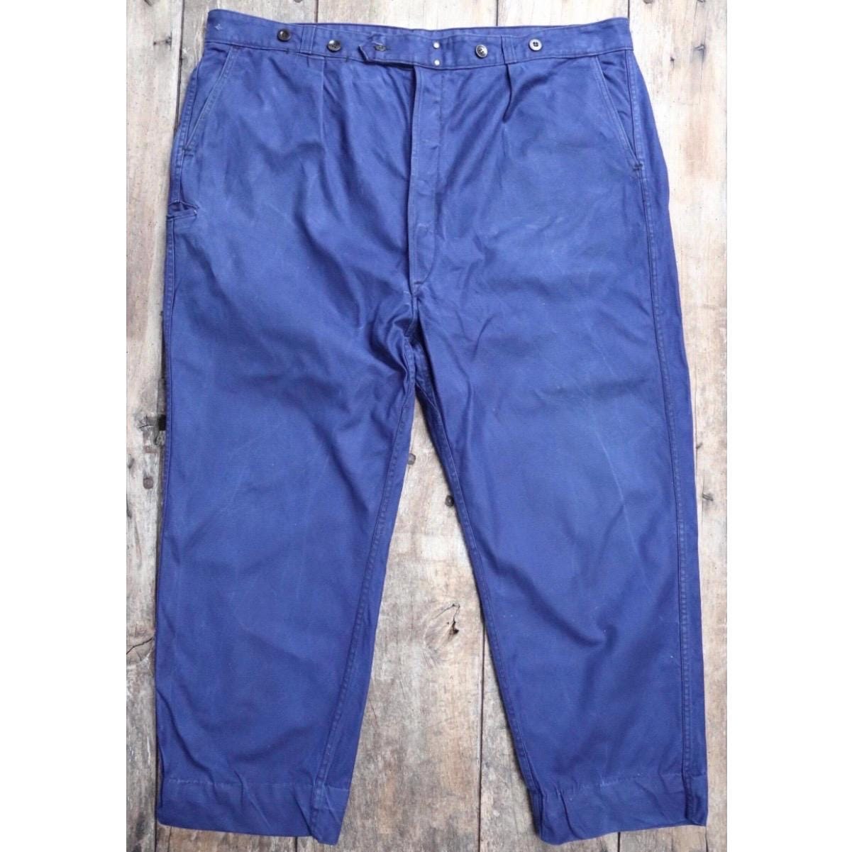 Vintage 1960s 70s French workwear trousers - blue cotton twill chore pants - 46” x 27”