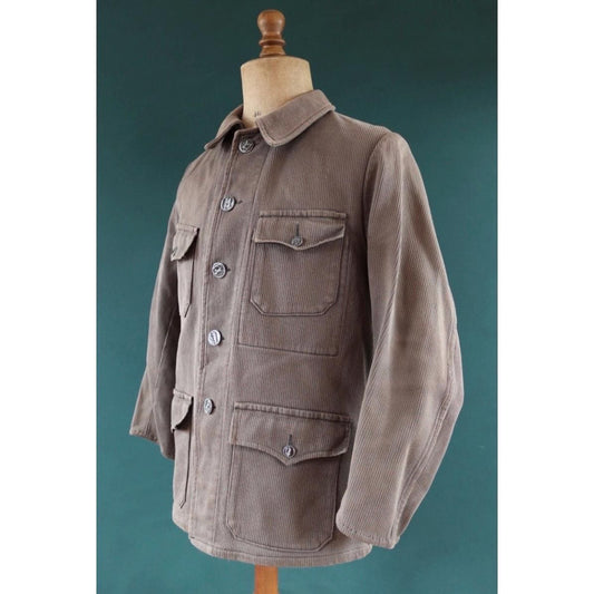 Vintage French workwear jacket - 1960s 70s in grey velours cotele corduroy - hunting coat - 43” chest - venery animal scene buttons