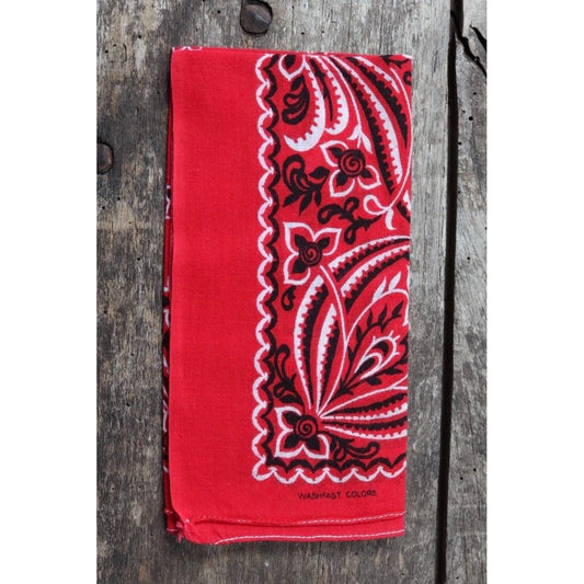 Vintage 1960s red cotton bandana - printed pocket square - colour fast neckerchief - 16” x 15.5” - workwear
