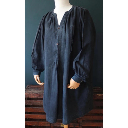 Antique French workwear smock - vintage 1800s shirt - indigo blue cotton biaude - 1900s shepherd - darned and repaired - 67” chest