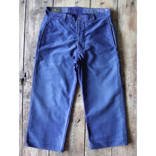 Vintage French workwear trousers - Le Mont St Michel chore pants - 1930s 40s blue moleskin cotton - 34” x 24”