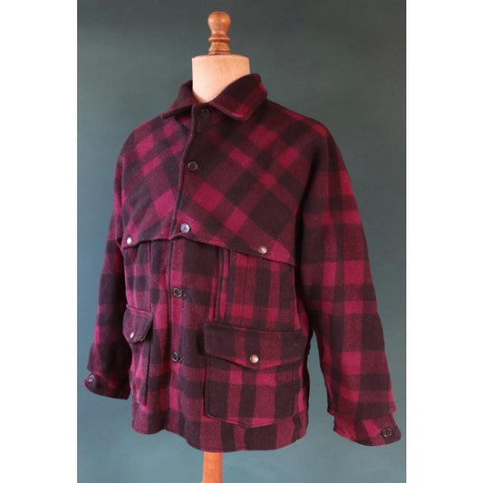 Vintage 1950s wool jacket - Black Bear mackinaw - red black buffalo plaid - checked cruiser shirt - 47” chest - Union Made - Filson CPO