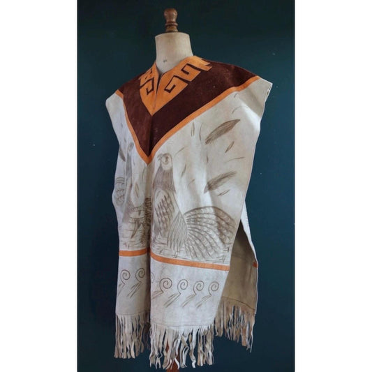 Vintage 1960s 70s suede poncho - tasseled cow hide vest - South Western waistcoat - leather biker gilet