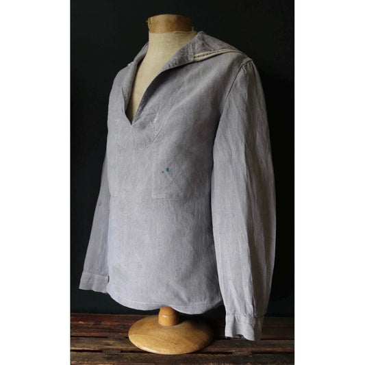 Vintage French blue linen shirt - 1960s Marine Nationale - Navy sailor - crackerjack bib top jumper - 42” chest - military workwear