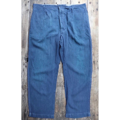 Vintage French linen workwear trousers - 1930s 1940s indigo chore pants - antique maquignon - repaired and darned - 44” x 34”