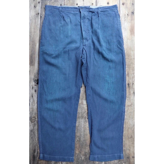 Vintage French linen workwear trousers - 1930s 1940s indigo chore pants - antique maquignon - repaired and darned - 44” x 34”