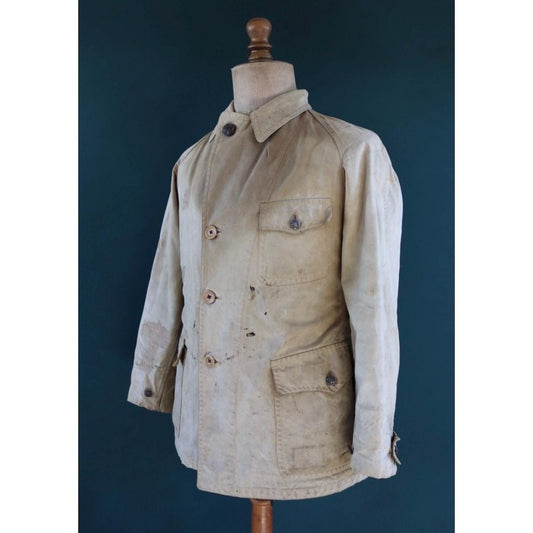 Vintage 1920s French workwear jacket - tan brown cotton hunting - venery scene buttons - 36” chest - half belt