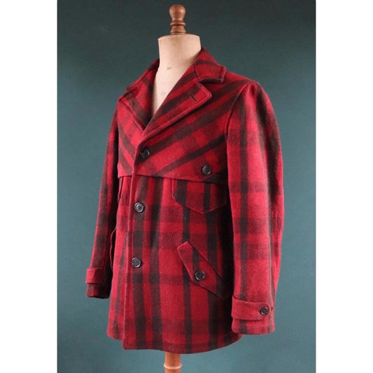 Vintage 1930s 40s wool workwear jacket - red black buffalo plaid - JC Penney - hunting mackinaw - 45” chest