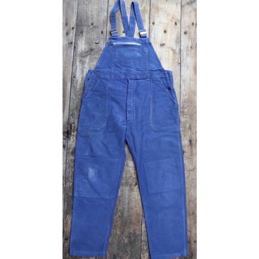 Vintage French workwear overalls - 1960s blue moleskin dungarees - bib and brace - 37” x 28” - bleu de travail - repaired darned