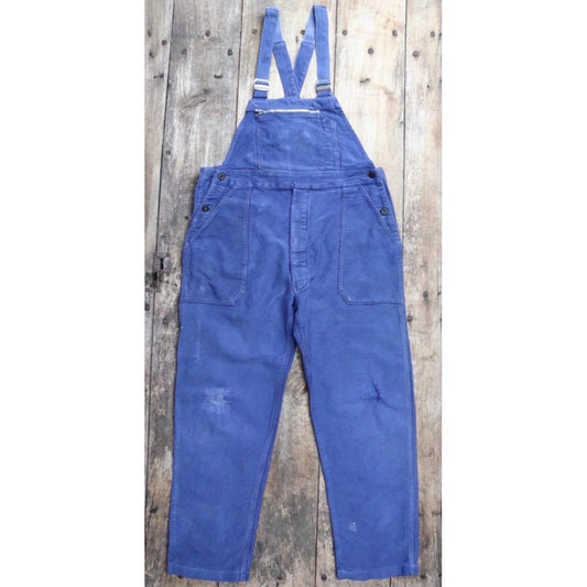 Vintage French workwear overalls - 1960s blue moleskin dungarees - bib and brace - 37” x 28” - bleu de travail - repaired and darned