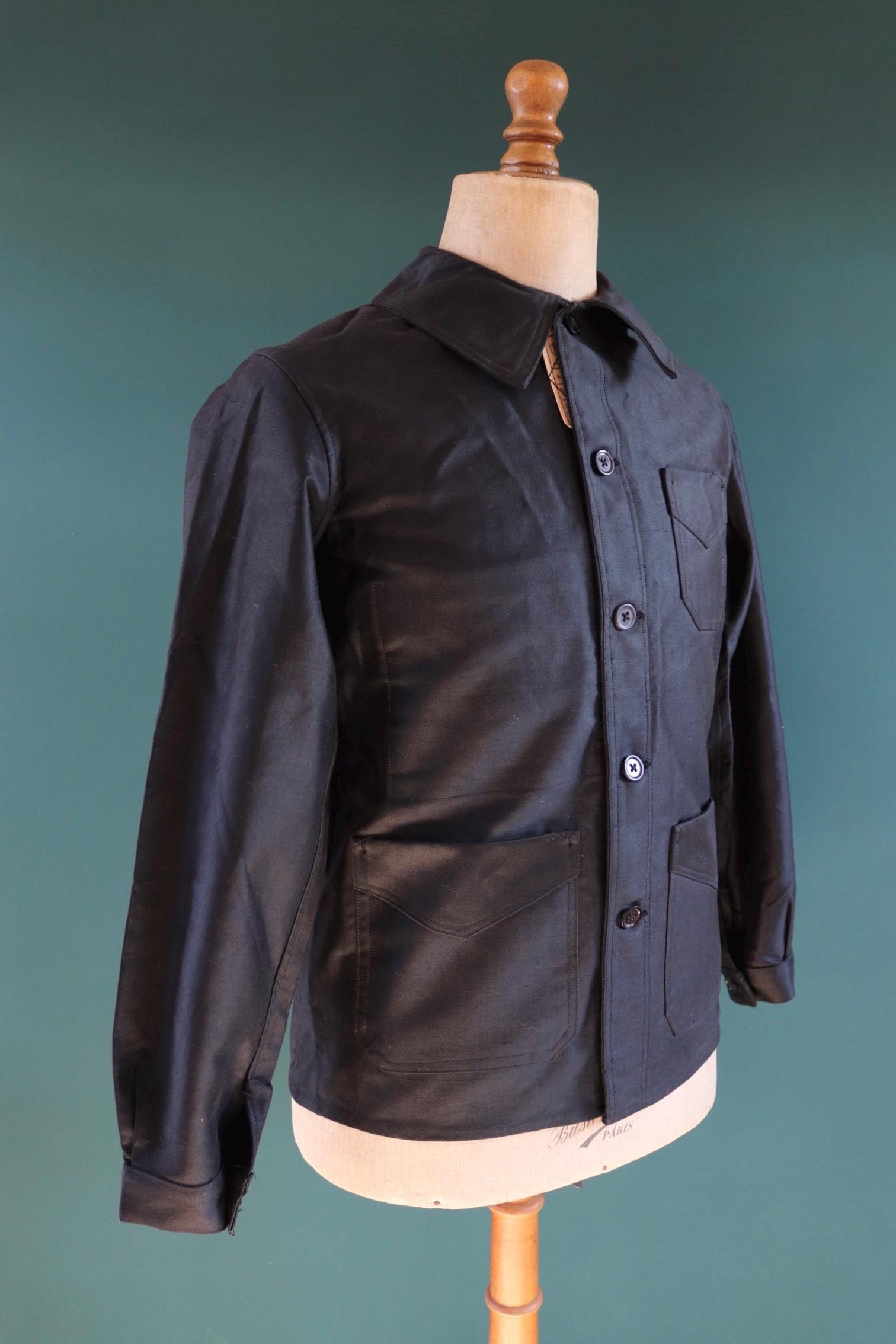 Vintage French black moleskin workwear jacket - 1940s 50s chore coat - deadstock - 41” chest