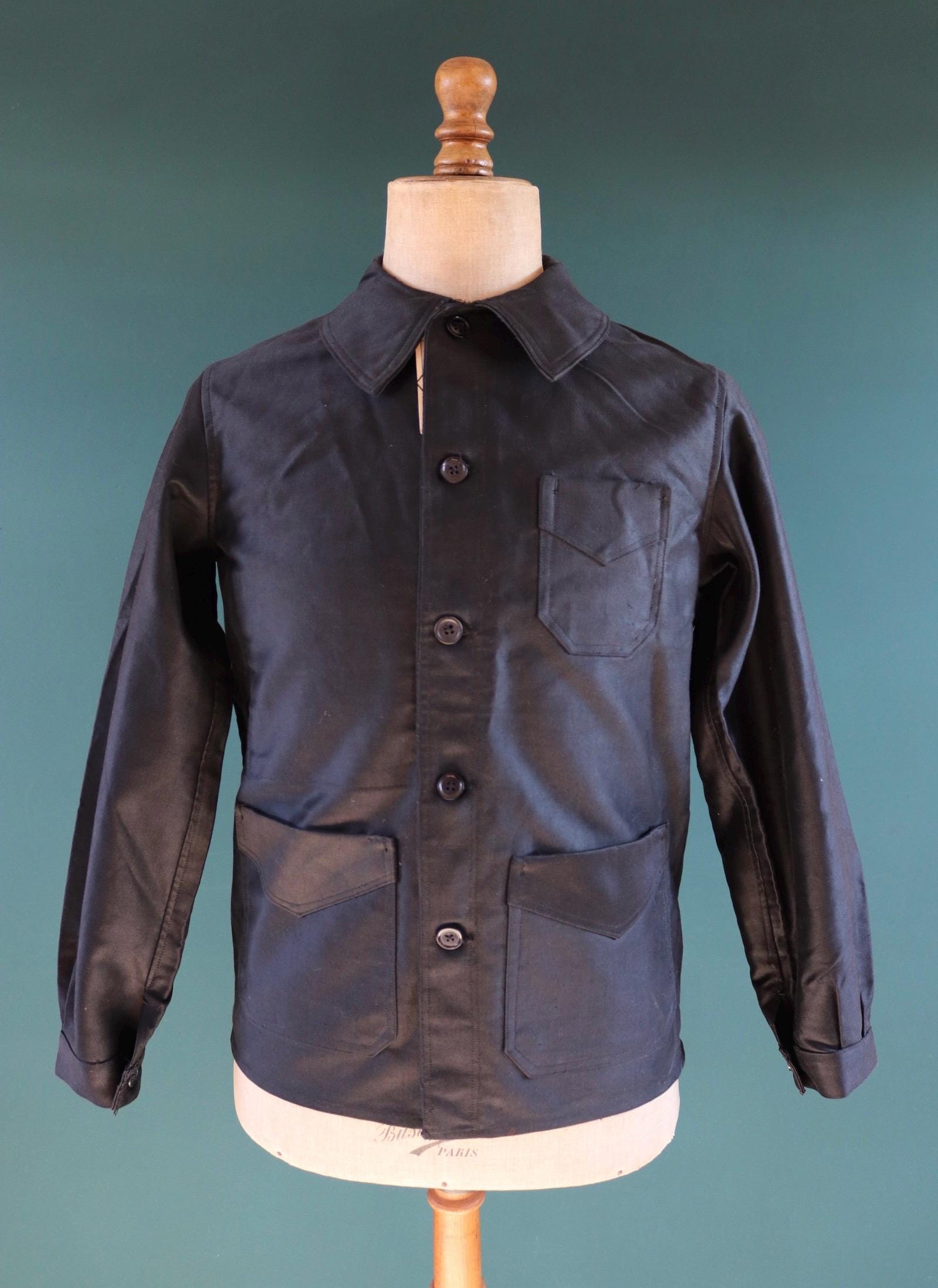 Vintage French black moleskin workwear jacket - 1940s 50s chore coat - deadstock - 41” chest