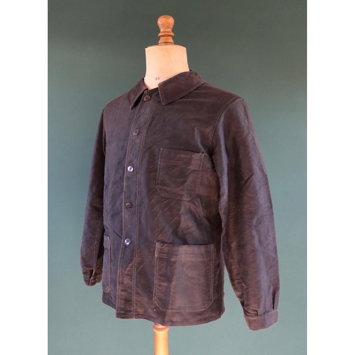 Vintage French black moleskin workwear jacket - 1940s 50s chore coat - 42” chest