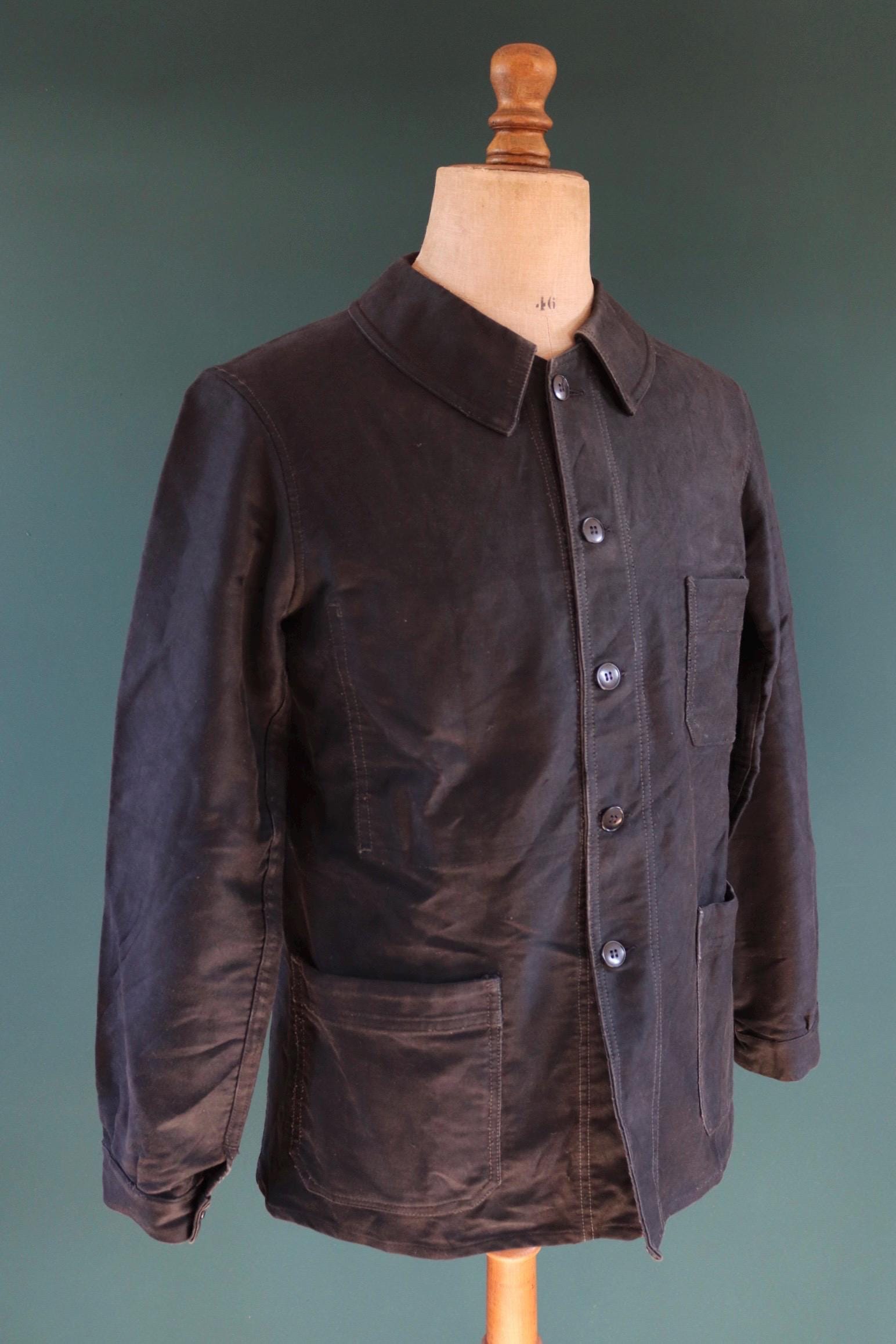 Vintage French black moleskin workwear jacket - 1940s 50s chore coat - 42” chest