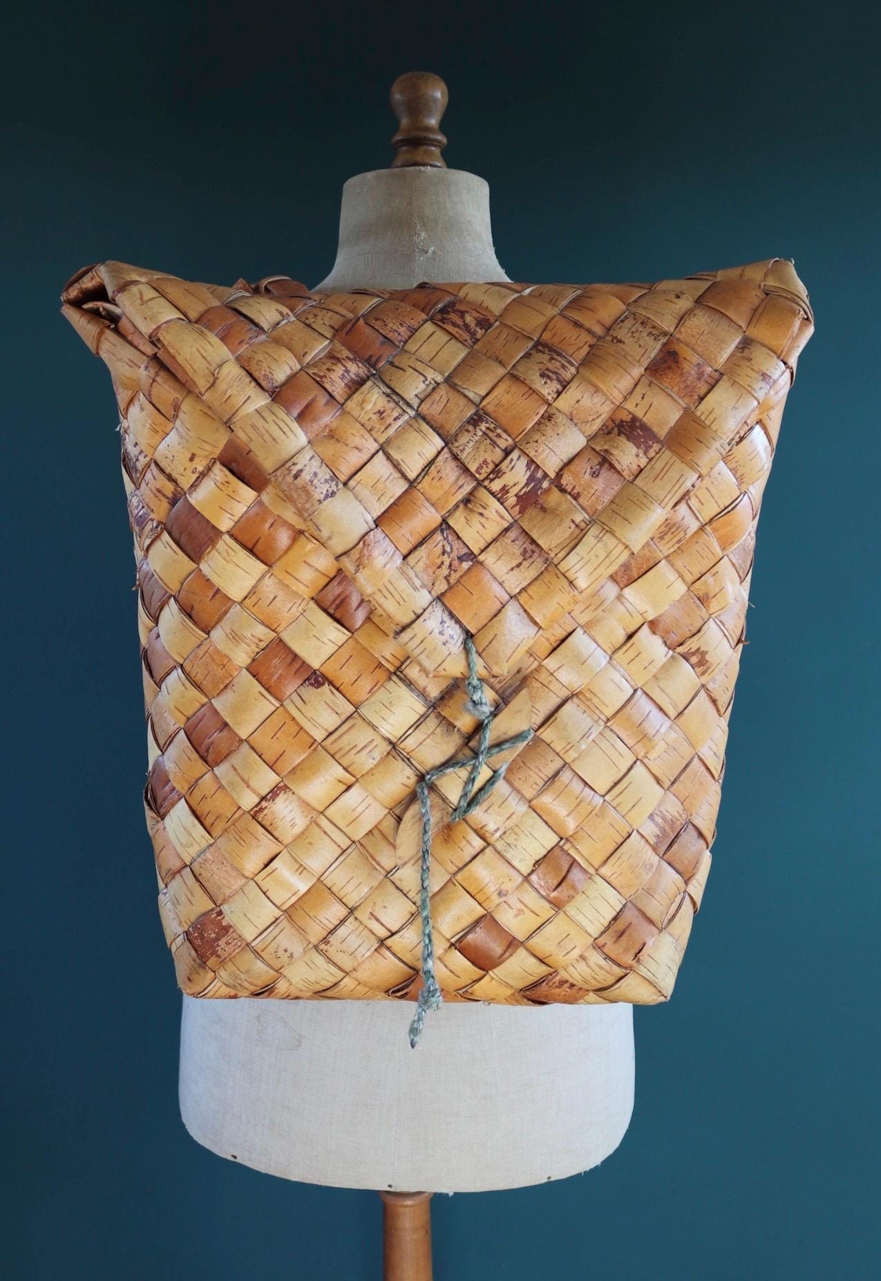 Vintage Swedish woven birch bag - birch bark rucksack - folk art - traditional weaving