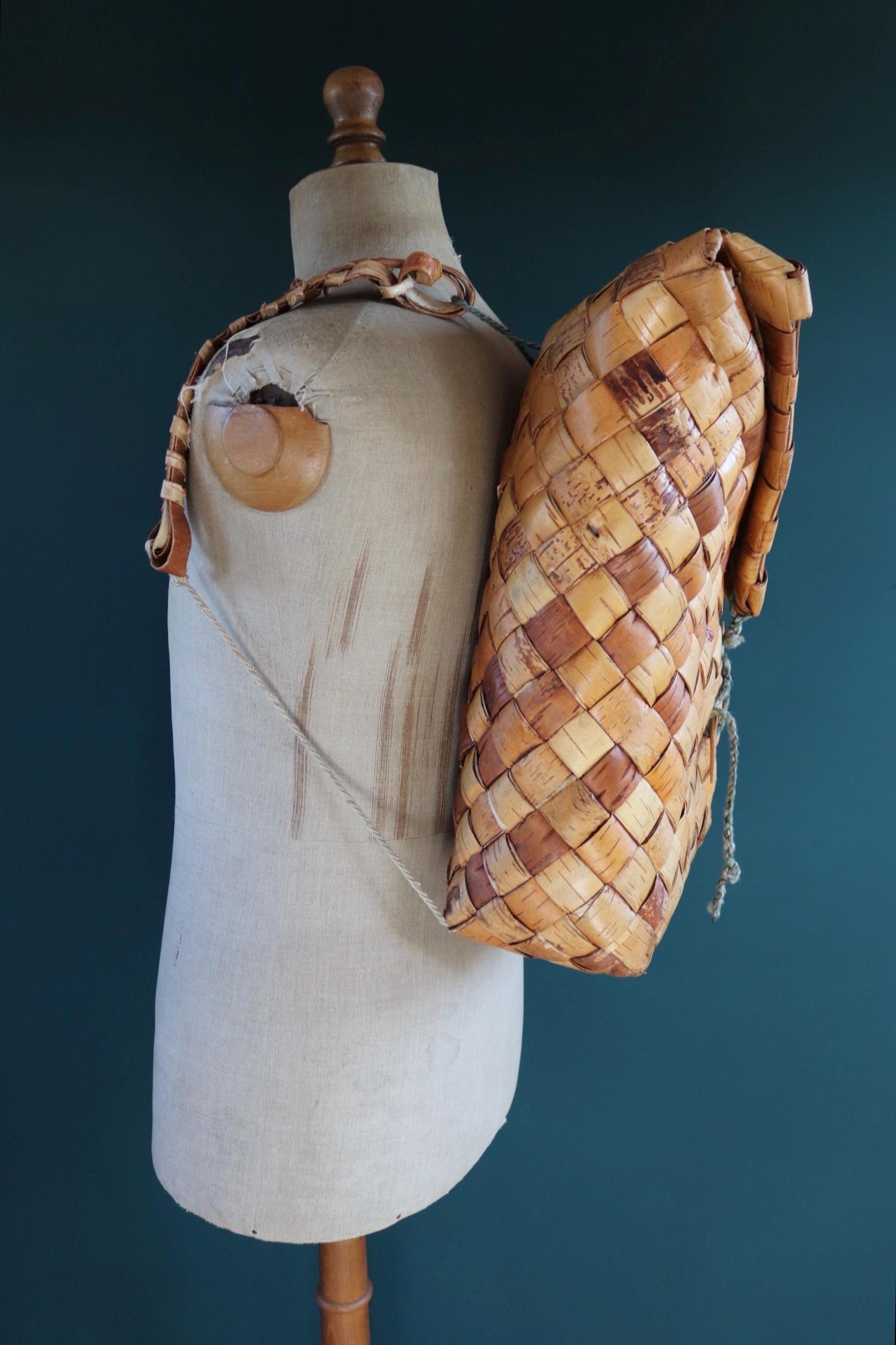 Vintage Swedish woven birch bag - birch bark rucksack - folk art - traditional weaving
