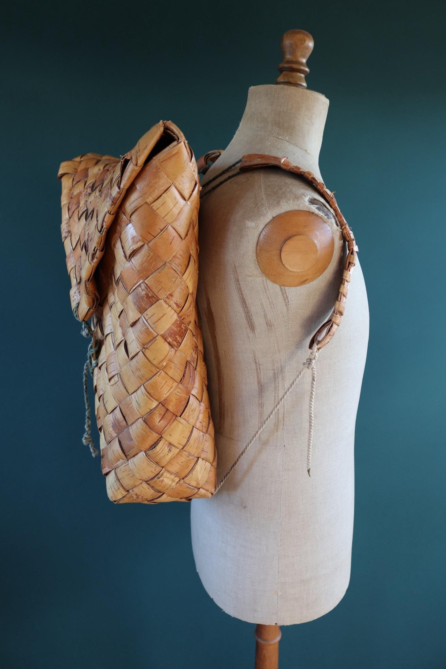 Vintage Swedish woven birch bag - birch bark rucksack - folk art - traditional weaving