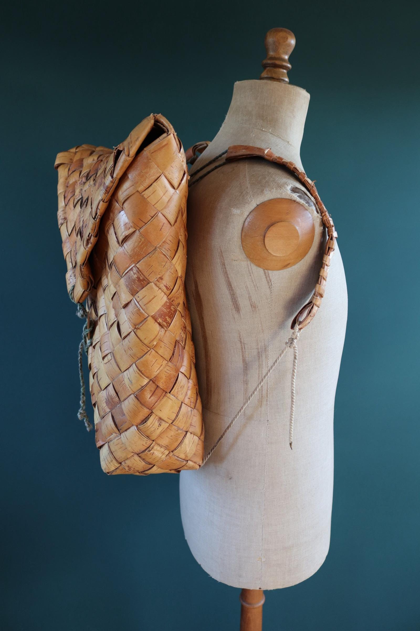 Vintage Swedish woven birch bag - birch bark rucksack - folk art - traditional weaving