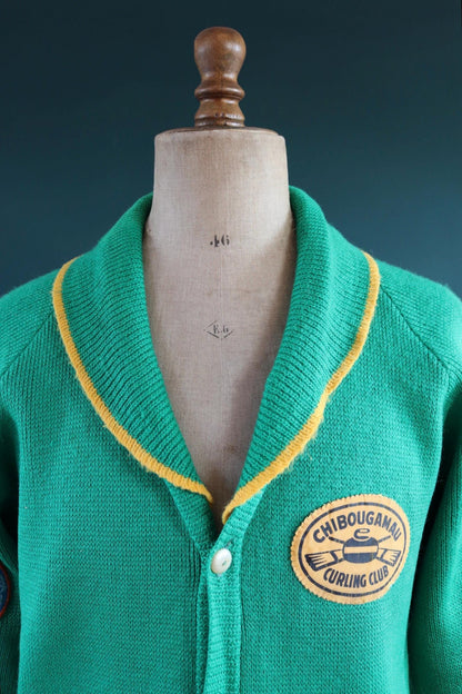 Vintage curling sweater - 1970s knitted cardigan - shawl collar - 45” chest