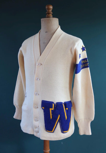 Vintage 1960s wool cardigan - varsity sweater - chenille patch - 38” chest