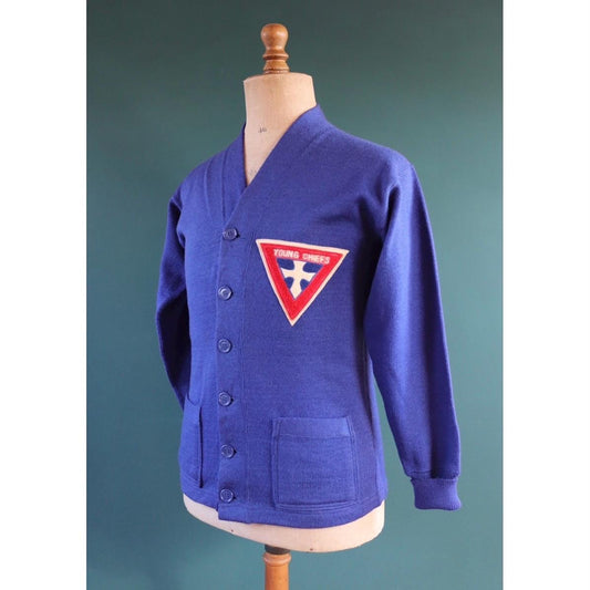 Vintage 1960s wool varsity sweater - knitted cardigan - chenille patch - 38” chest