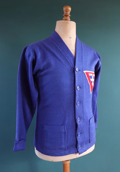 Vintage 1960s wool varsity sweater - knitted cardigan - chenille patch - 38” chest
