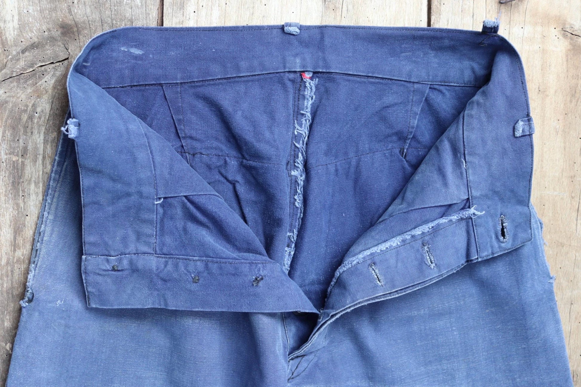Vintage French workwear trousers - 1930s chore pants - sun faded blue cotton - 29” x 30”