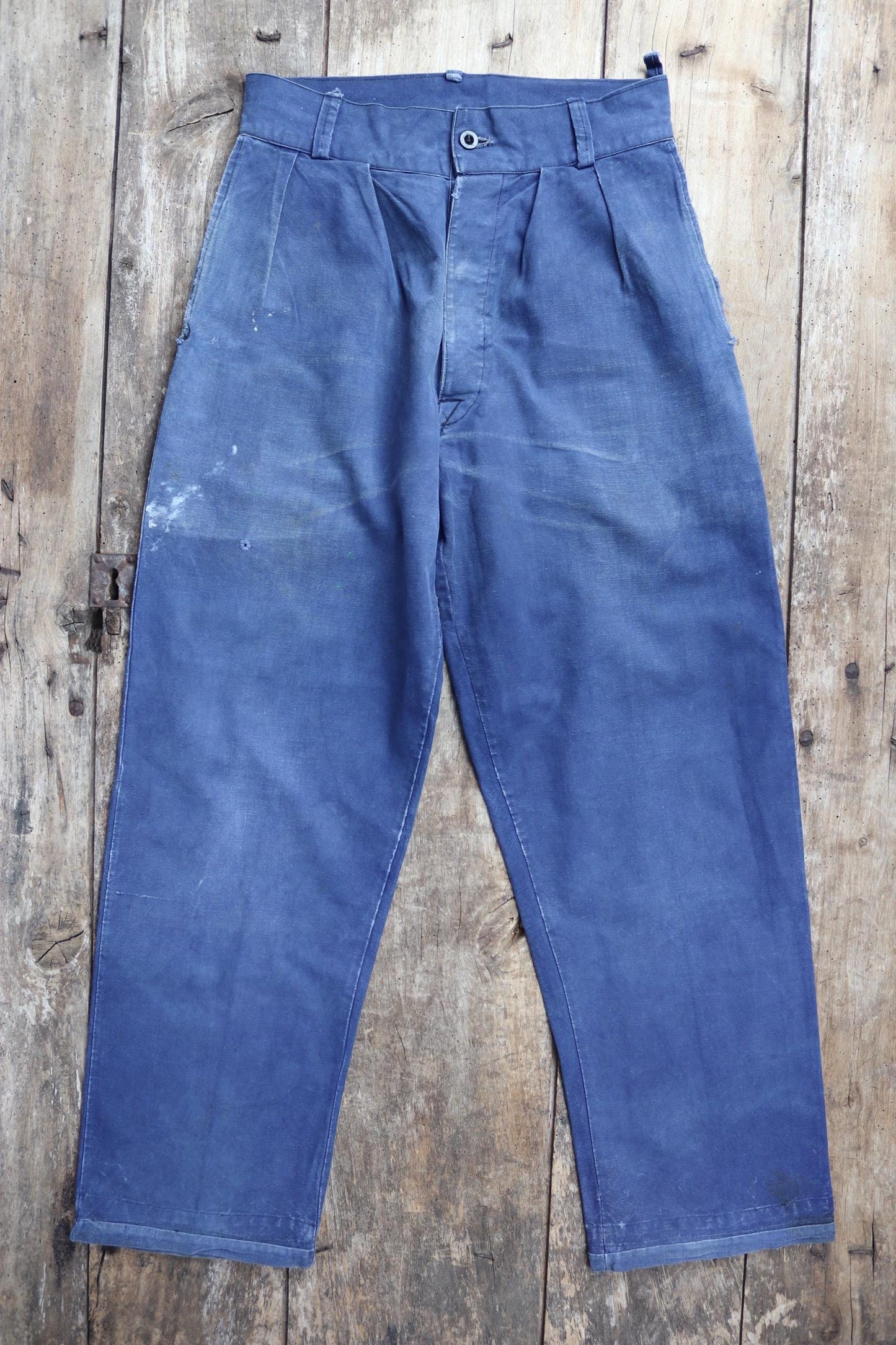 Vintage French workwear trousers - 1930s chore pants - sun faded blue cotton - 29” x 30”
