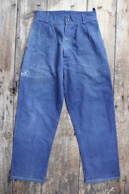 Vintage French workwear trousers - 1930s chore pants - sun faded blue cotton - 29” x 30”