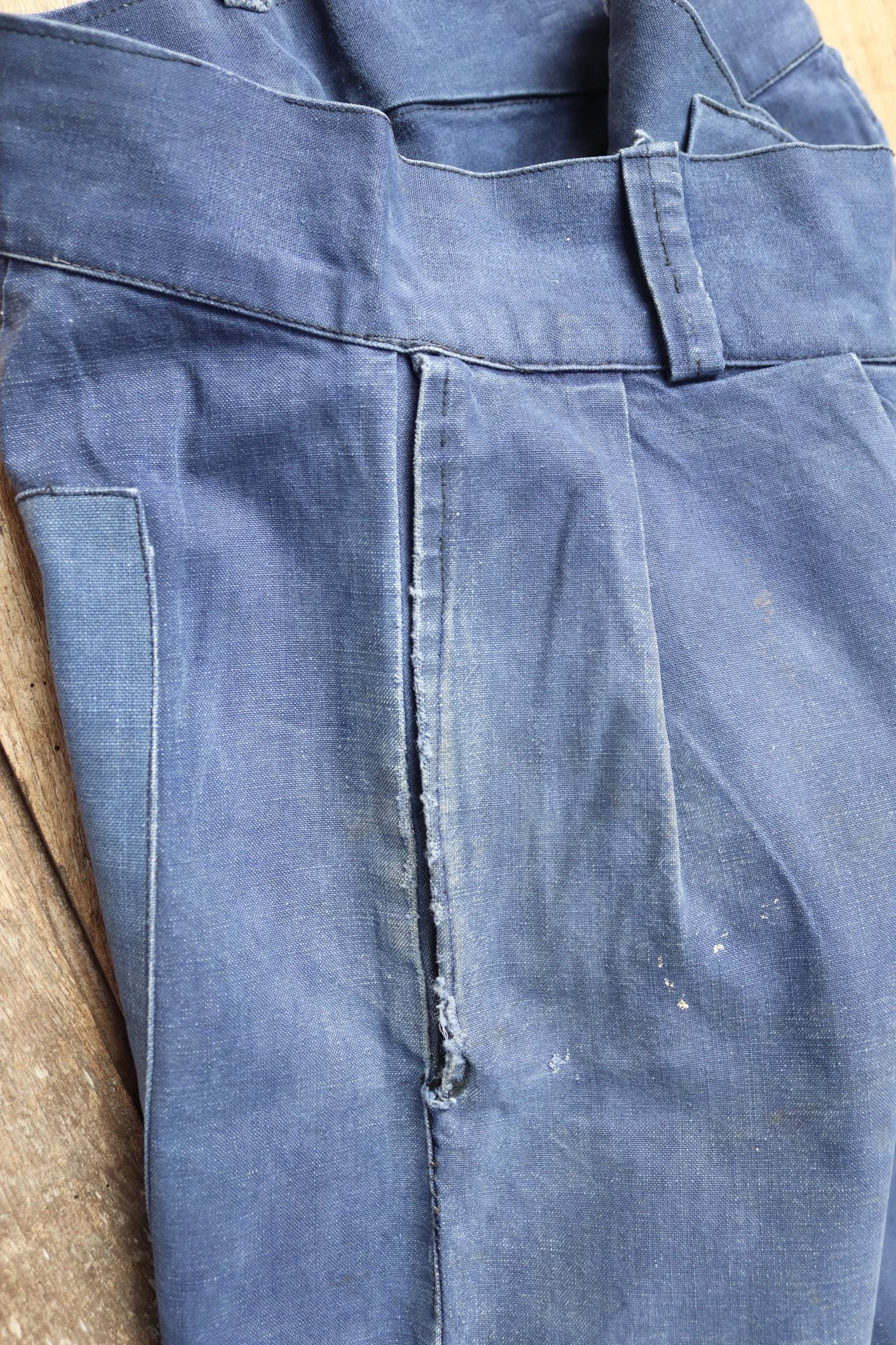 Vintage French workwear trousers - 1930s chore pants - sun faded blue cotton - 29” x 30”
