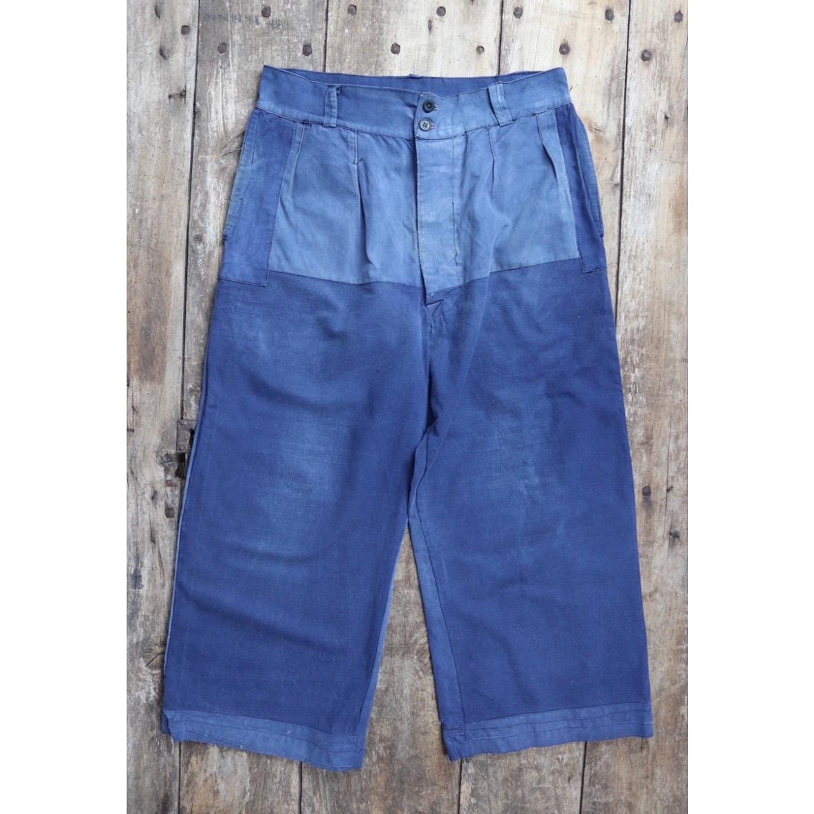 Vintage French workwear trousers - wide leg - 1930s chore pants - sun faded blue cotton - 34” x 25”