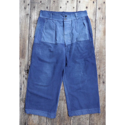 Vintage French workwear trousers - wide leg - 1930s chore pants - sun faded blue cotton - 34” x 25”