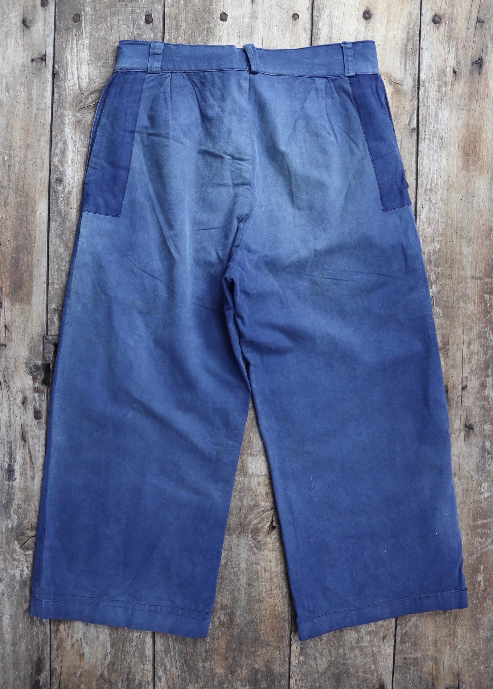 Vintage French workwear trousers - wide leg - 1930s chore pants - sun faded blue cotton - 34” x 25”