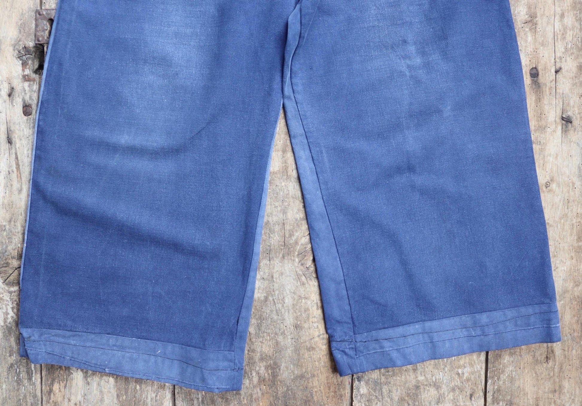 Vintage French workwear trousers - wide leg - 1930s chore pants - sun faded blue cotton - 34” x 25”