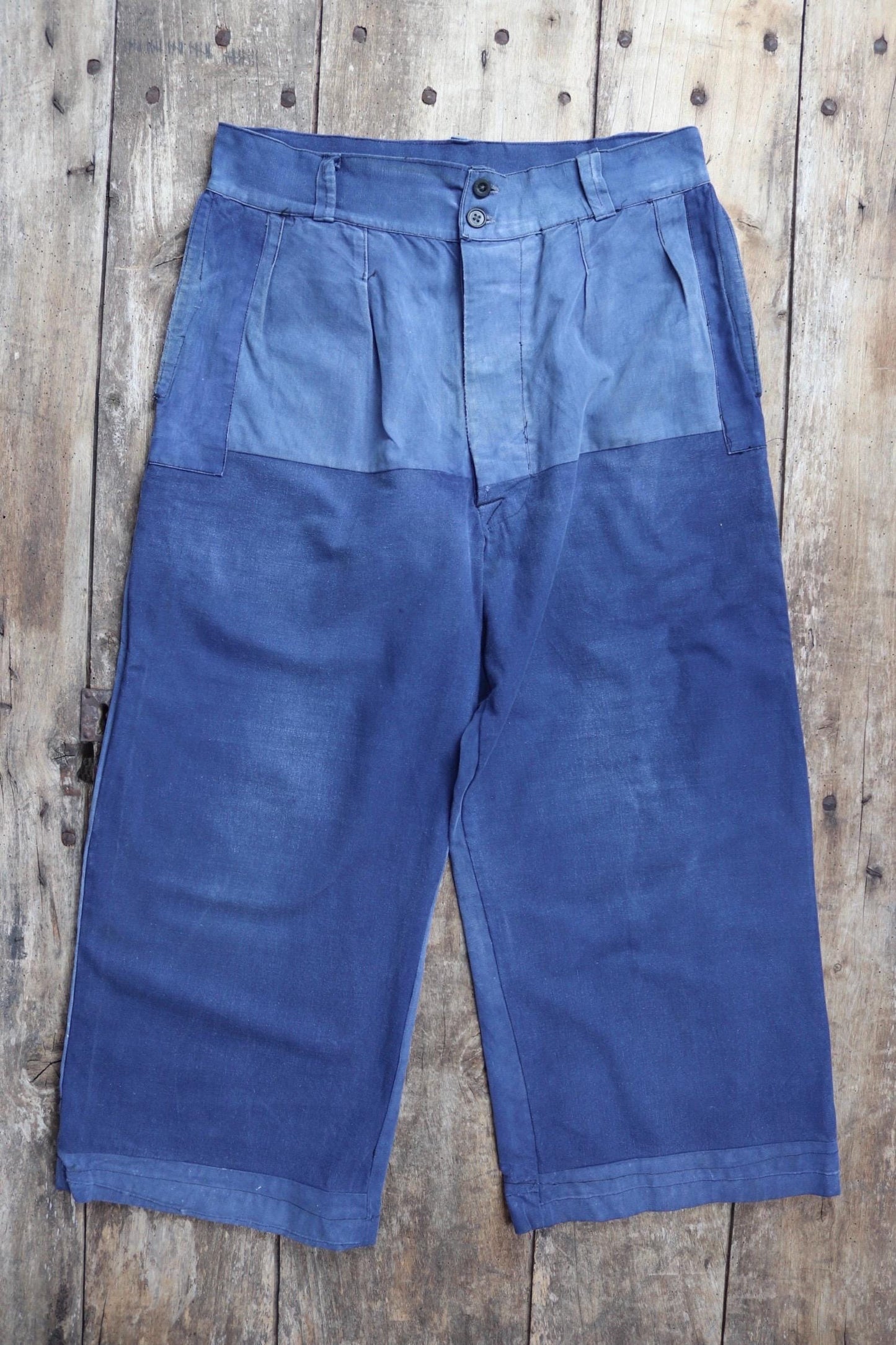 Vintage French workwear trousers - wide leg - 1930s chore pants - sun faded blue cotton - 34” x 25”