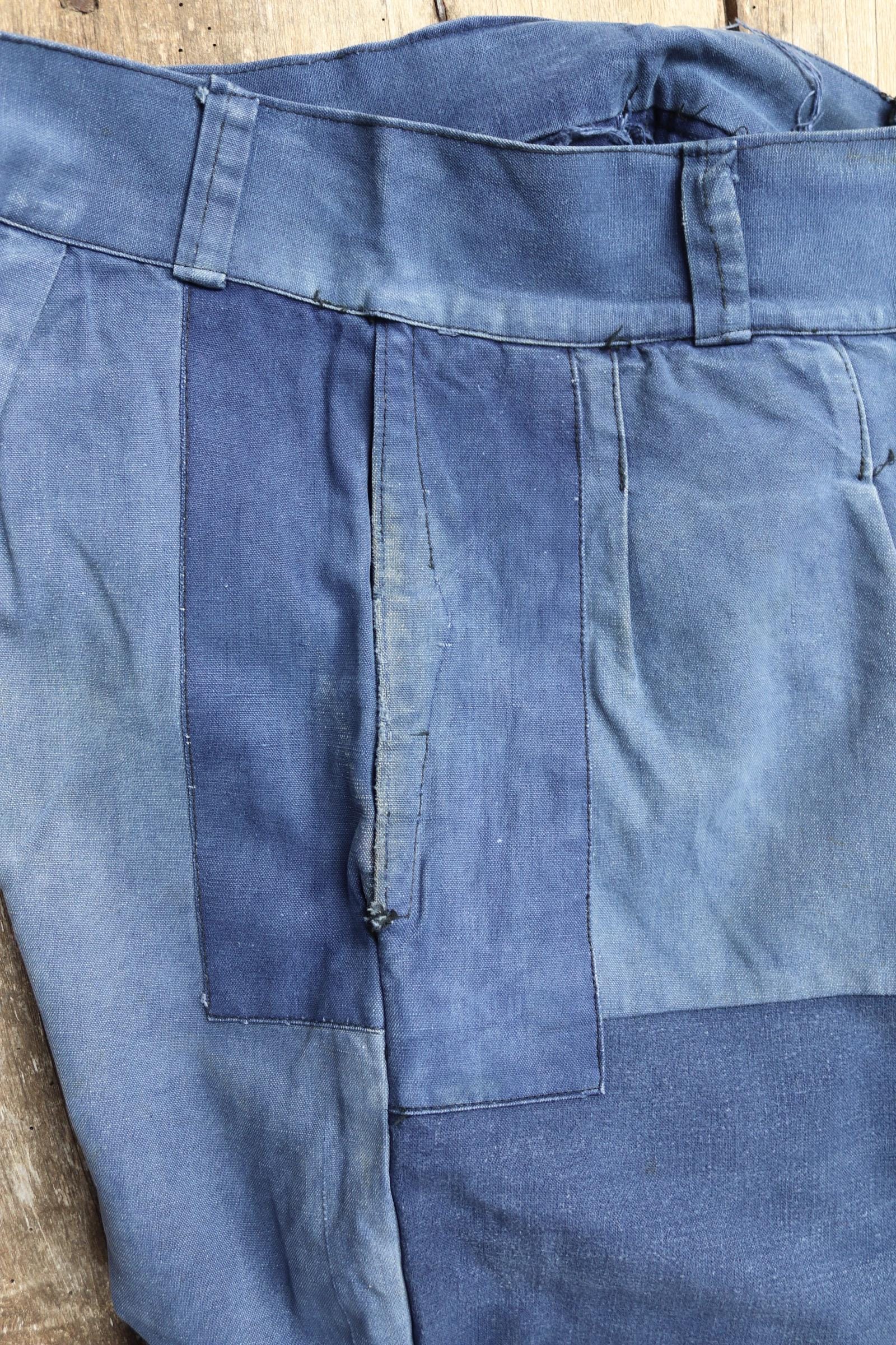 Vintage French workwear trousers - wide leg - 1930s chore pants - sun faded blue cotton - 34” x 25”