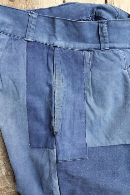 Vintage French workwear trousers - wide leg - 1930s chore pants - sun faded blue cotton - 34” x 25”