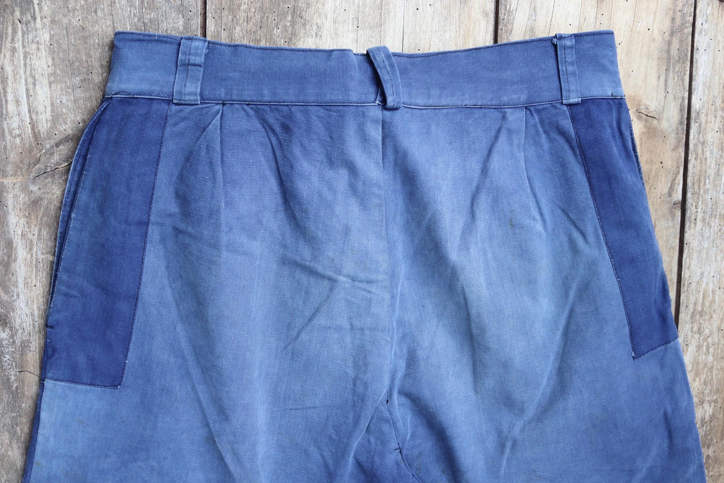 Vintage French workwear trousers - wide leg - 1930s chore pants - sun faded blue cotton - 34” x 25”