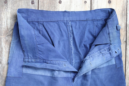 Vintage French workwear trousers - wide leg - 1930s chore pants - sun faded blue cotton - 34” x 25”