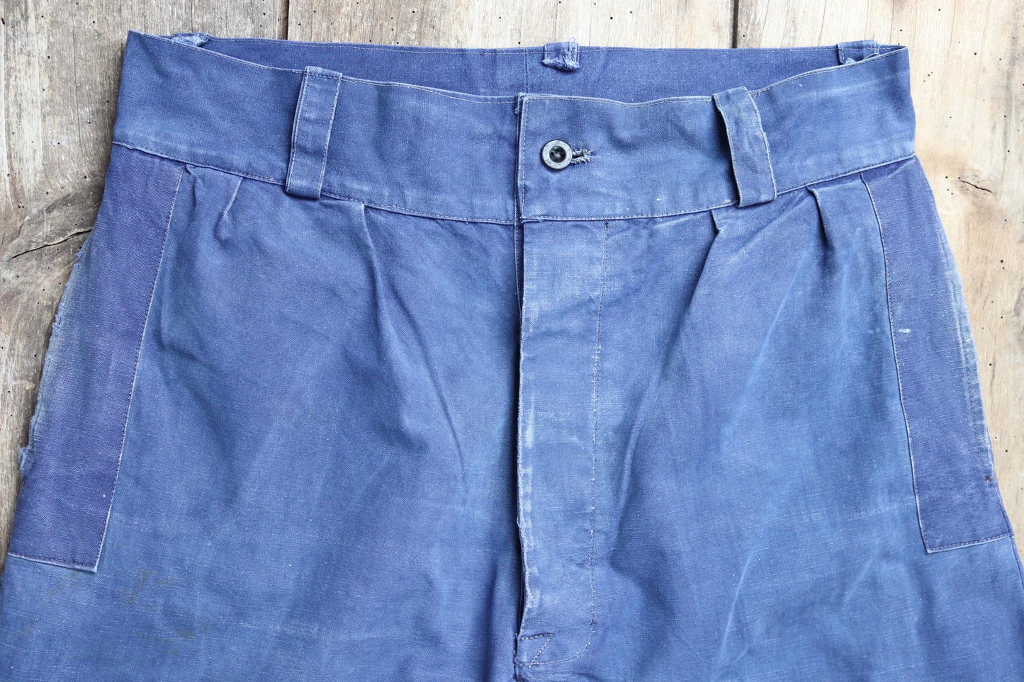 Vintage French workwear trousers - wide leg - 1930s chore pants - sun faded blue cotton - 34” x 27”