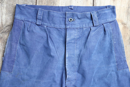 Vintage French workwear trousers - wide leg - 1930s chore pants - sun faded blue cotton - 34” x 27”