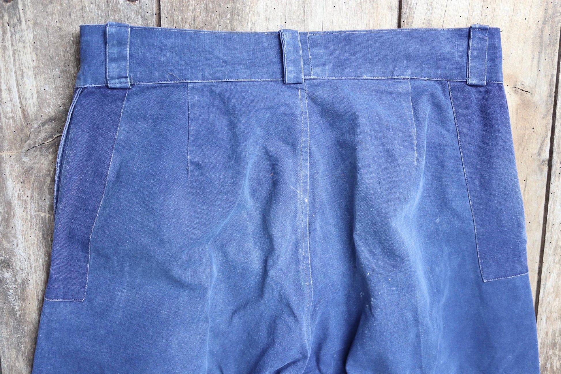 Vintage French workwear trousers - wide leg - 1930s chore pants - sun faded blue cotton - 34” x 27”