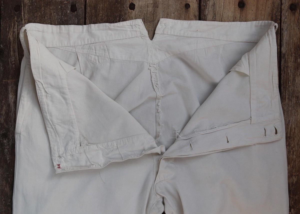 Vintage 1920s French white cotton trousers - 1930s buckle back pants - 42” x 31”