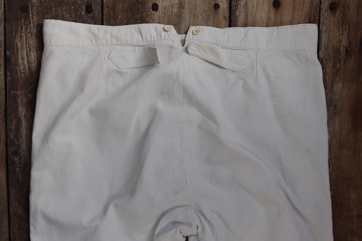 Vintage 1920s French white cotton trousers - 1930s buckle back pants - 42” x 31”