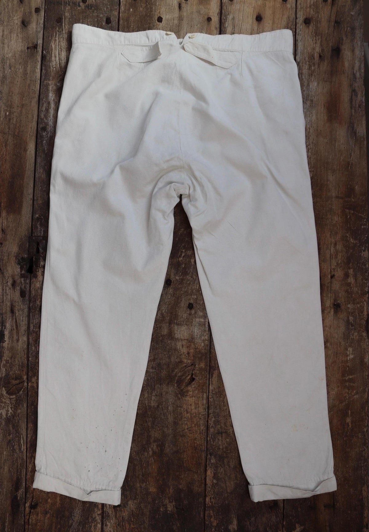 Vintage 1920s French white cotton trousers - 1930s buckle back pants - 42” x 31”