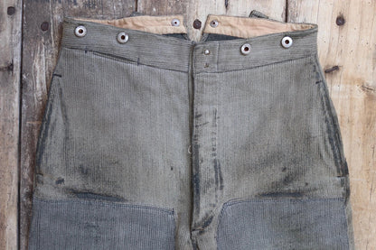 Vintage 1950s French patched workwear trousers - chore pants - buckle back - 32” x 29”