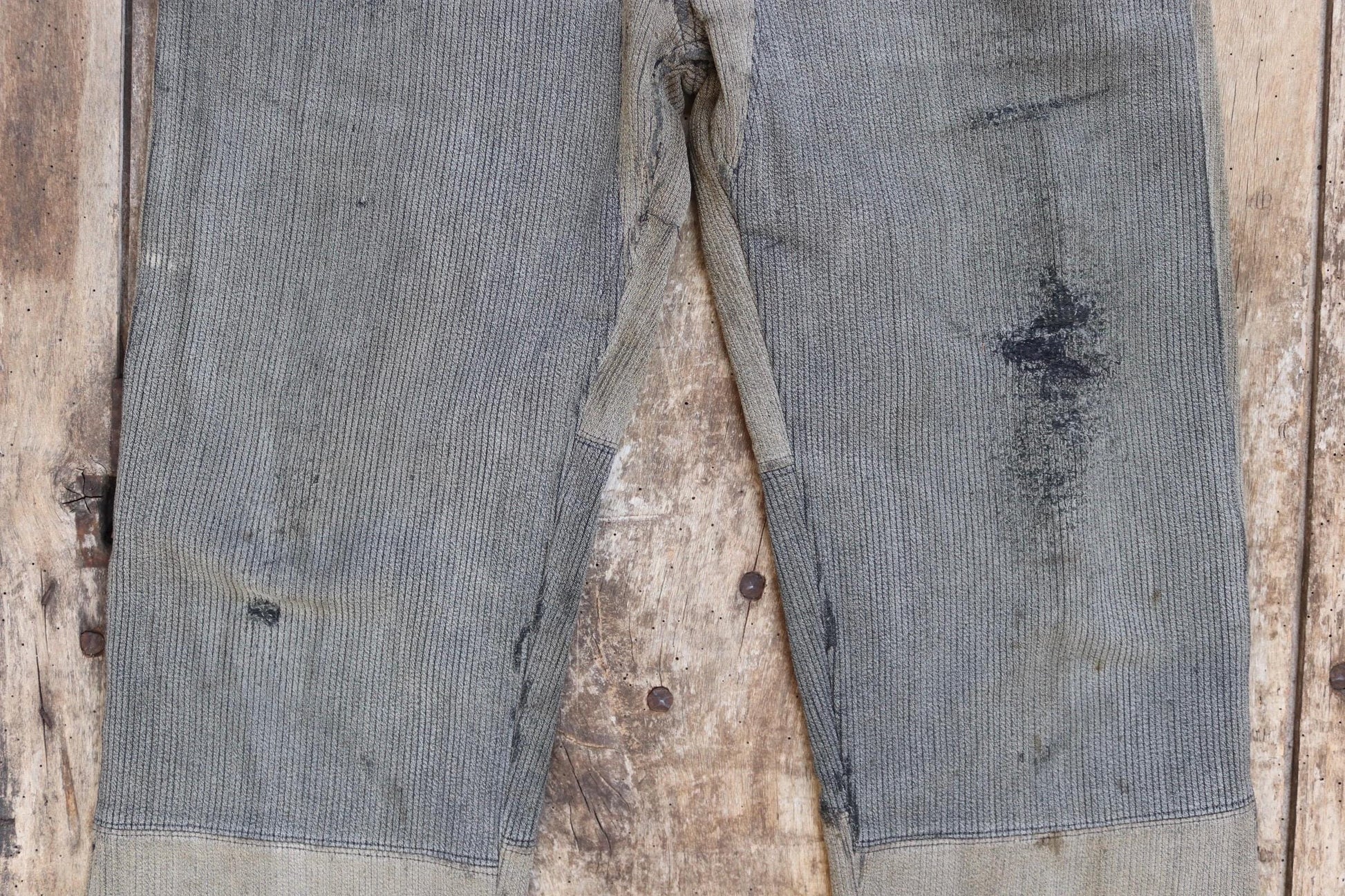 Vintage 1950s French patched workwear trousers - chore pants - buckle back - 32” x 29”