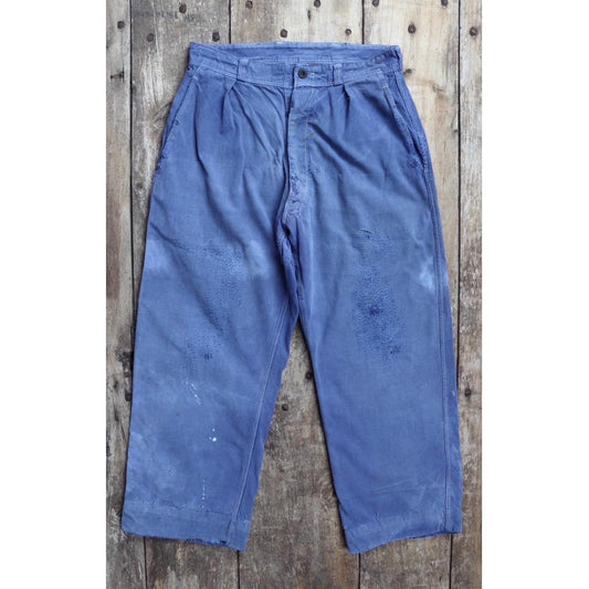 Vintage French workwear trousers - hand darned and repaired - blue cotton twill pants - 1960s chore - 30” x 25”
